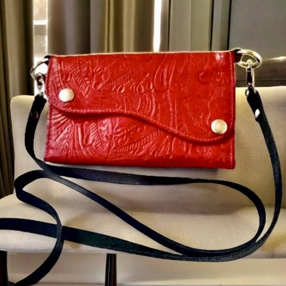 KAHLILA Red Tooled Leather Crossbody Wallet Purse Bag - Picture 3 of 16